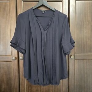 Ann Taylor Blouse Womens M Black Ruffle Sleeve Pleated Front Top‎ Office Classy
